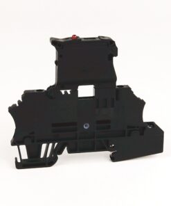 Black plastic electronic housing piece with mounting ribs and cutouts on a white background