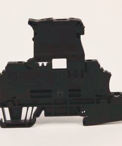 Side view of a black modular electrical terminal block with mounting clips on a white background.