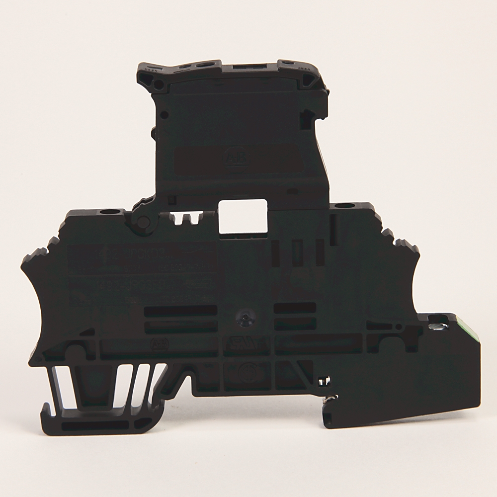 Side view of a black modular electrical terminal block with mounting clips on a white background.