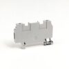 Gray plastic two-position electrical terminal block module with mounting feet on a white background