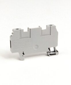 Gray plastic two-position electrical terminal block module with mounting feet on a white background