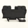 Back view of a black modular electrical terminal block with a bottom mounting clip.