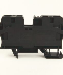 Back view of a black modular electrical terminal block with a bottom mounting clip.