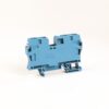 Blue plastic terminal block module for electrical wiring on a white background, shown from the side.