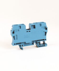 Blue plastic terminal block module for electrical wiring on a white background, shown from the side.