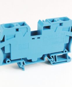 Blue plastic DIN-rail terminal block module used for electrical wiring connections.