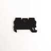 Small black plastic electrical connector with a curved hook on the right, on a white background.