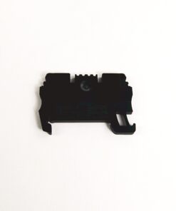 Small black plastic electrical connector with a curved hook on the right, on a white background.