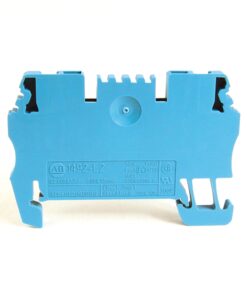 Blue modular electrical terminal block with two end connectors and center adjustment knob, labeled AB 1492-L2.