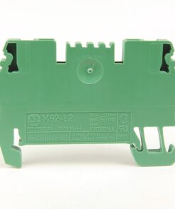 Green modular electrical terminal block viewed from the back, with label showing ratings (550V, 1.5mm²) and connectors for wires on top and bottom margins.