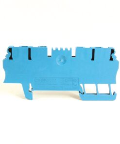 Blue modular terminal block component on a white background, used for electrical connections.
