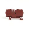 Red plastic terminal block module with side hooks, isolated on white background (electronics / electrical component)
