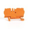 Orange plastic terminal block connector with mounting feet on a white background (industrial electrical component)