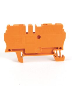 Orange plastic terminal block connector with mounting feet on a white background (industrial electrical component)