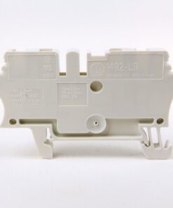 White compact electrical circuit-breaker/module viewed from the side, showing mounting feet, terminal openings, and faint labeling on the casing.
