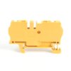 Yellow plastic two-pole terminal block with mounting feet and screw clamps for electrical panels.