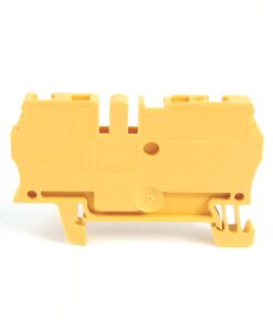Yellow plastic two-pole terminal block with mounting feet and screw clamps for electrical panels.