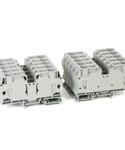 Two gray modular terminal blocks with multiple circular wire-entry holes on top, used for electrical connections (pair of blocks).