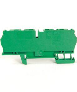 Green plastic electrical terminal block module with multiple connection slots, side view, unused for wiring.