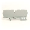 Grey modular electrical terminal block component for wiring connections, shown with mounting features.