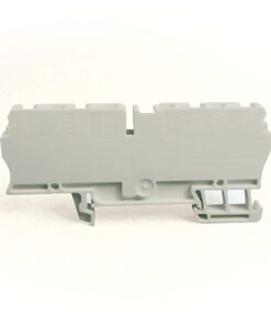Grey modular electrical terminal block component for wiring connections, shown with mounting features.