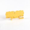 Yellow plastic terminal block connector part on a white background, viewed from the side.
