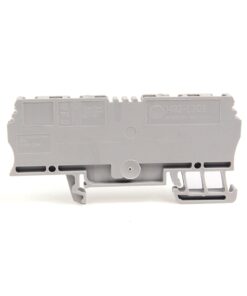 Gray plastic electrical terminal block module with multiple connection slots, viewed from the side.