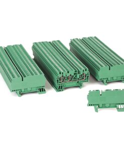 Green modular terminal blocks arranged in rows, used for electrical wiring connections.