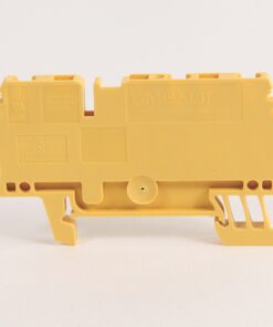 Yellow plastic electrical terminal block housing with multiple wire slots, shown from the side.