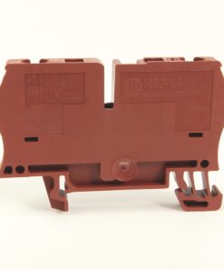 Brown ABB/industrial terminal block with mounting feet, side view showing connector slots and embossed labeling.