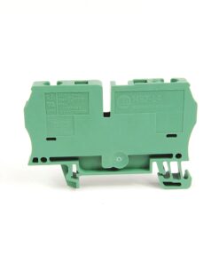 Green modular terminal block with screw terminals and embossed model markings (e.g., 1492-L4) used for electrical wiring connections.