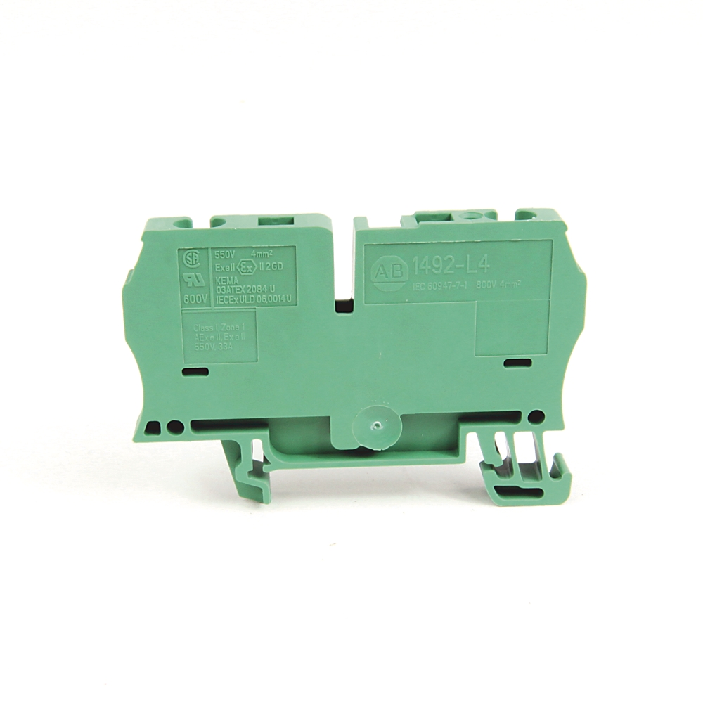 Green modular terminal block with screw terminals and embossed model markings (e.g., 1492-L4) used for electrical wiring connections.