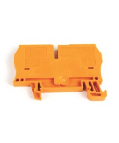 Orange plastic terminal block housing with mounting ears for wiring in an electrical/control panel.