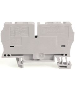 Gray DIN-rail mounted terminal block module with mounting clips and labeled ports