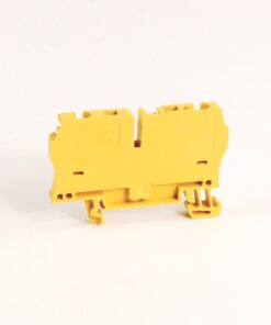 Yellow modular terminal block connector on a white background, viewed from the side.