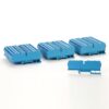 Three blue stackable terminal blocks for electrical wiring, with a detached block in the foreground on a white surface.