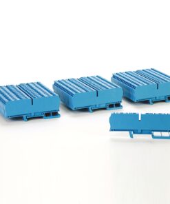 Three blue stackable terminal blocks for electrical wiring, with a detached block in the foreground on a white surface.