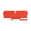 Red modular electrical terminal block component on a white background for wiring connections