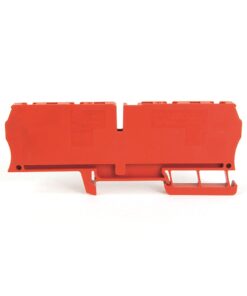 Red modular electrical terminal block component on a white background for wiring connections