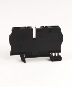 Black plastic terminal block module with two adjacent sections on a white background