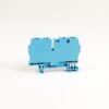 Blue plastic two-position terminal block connector on a white background, viewed from the side.