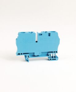 Blue plastic two-position terminal block connector on a white background, viewed from the side.