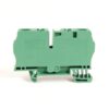 Green two-position terminal block connector with screwless clamp, viewed from side (electrical wiring component).