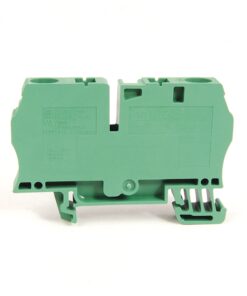 Green two-position terminal block connector with screwless clamp, viewed from side (electrical wiring component).