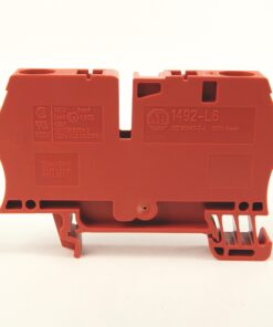Red plastic industrial electrical module with 'A-B 1492-L6' label and side-mounted terminal connections