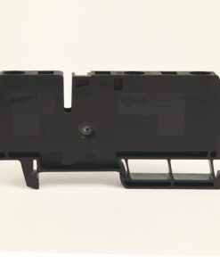 Black plastic electrical module viewed from the side, with mounting feet/brackets visible under it.