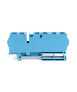 Blue two-position terminal block module for electrical wiring on a DIN rail
