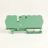 Green modular electrical terminal block with multiple screw terminals, shown on white background