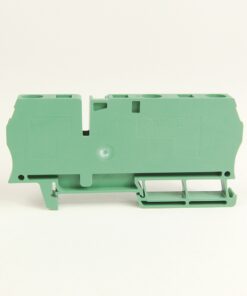 Green modular electrical terminal block with multiple screw terminals, shown on white background