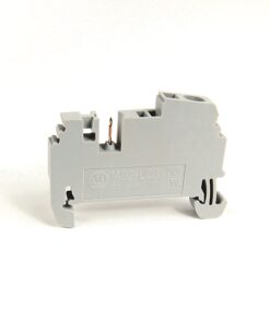 Gray A-B 1492-LC3 terminal block with a copper wire inserted, used for 250V wiring up to 25 mm²